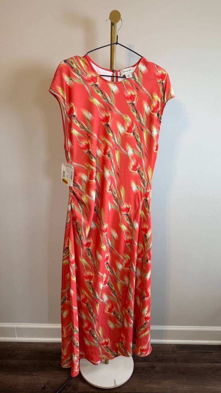 Calvin Klein Cap Sleeve Printed Satin Midi Dress Red Multi L NWT $149
