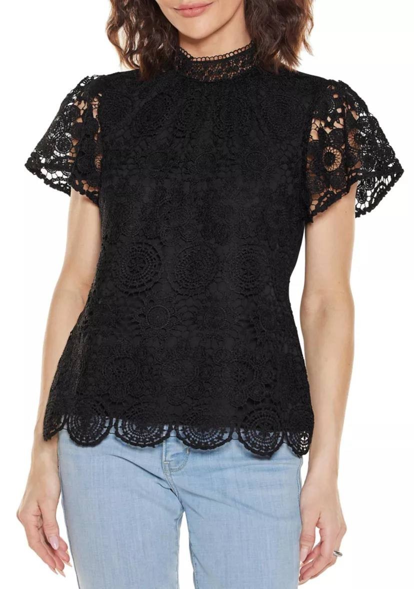 Belldini Women’s Lace‑Front Mock‑Neck Top Black L NWT $59