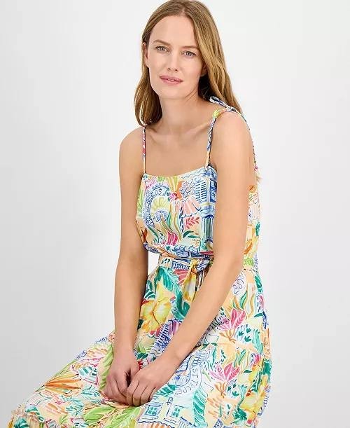 Julia Jordan Straight‑Neck Sleeveless Printed Dress Ivory Multi L NWT $129