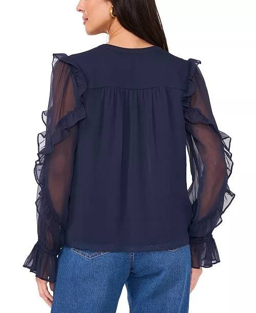 1.STATE Tie‑Neck Ruffled Sheer‑Sleeve Blouse Indigo Night XS NWT $79