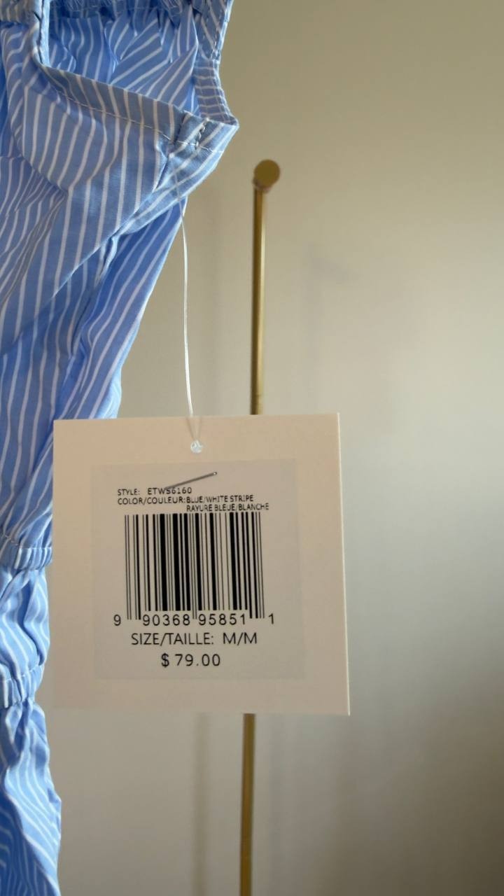 Ellen Tracy Shirred Sleeveless Top Front Ties Blue/White Stripes Size M NWT $79
