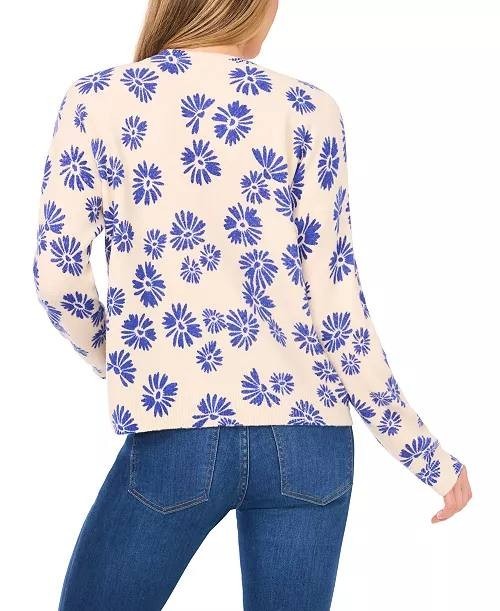 CeCe Flower Print Long‑Sleeve Crewneck Sweater Birch XL NWT $79