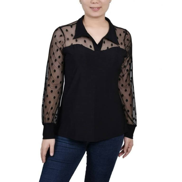 NY Collection Women’s Mesh Sleeve Top Black PL Petite $44 NWT