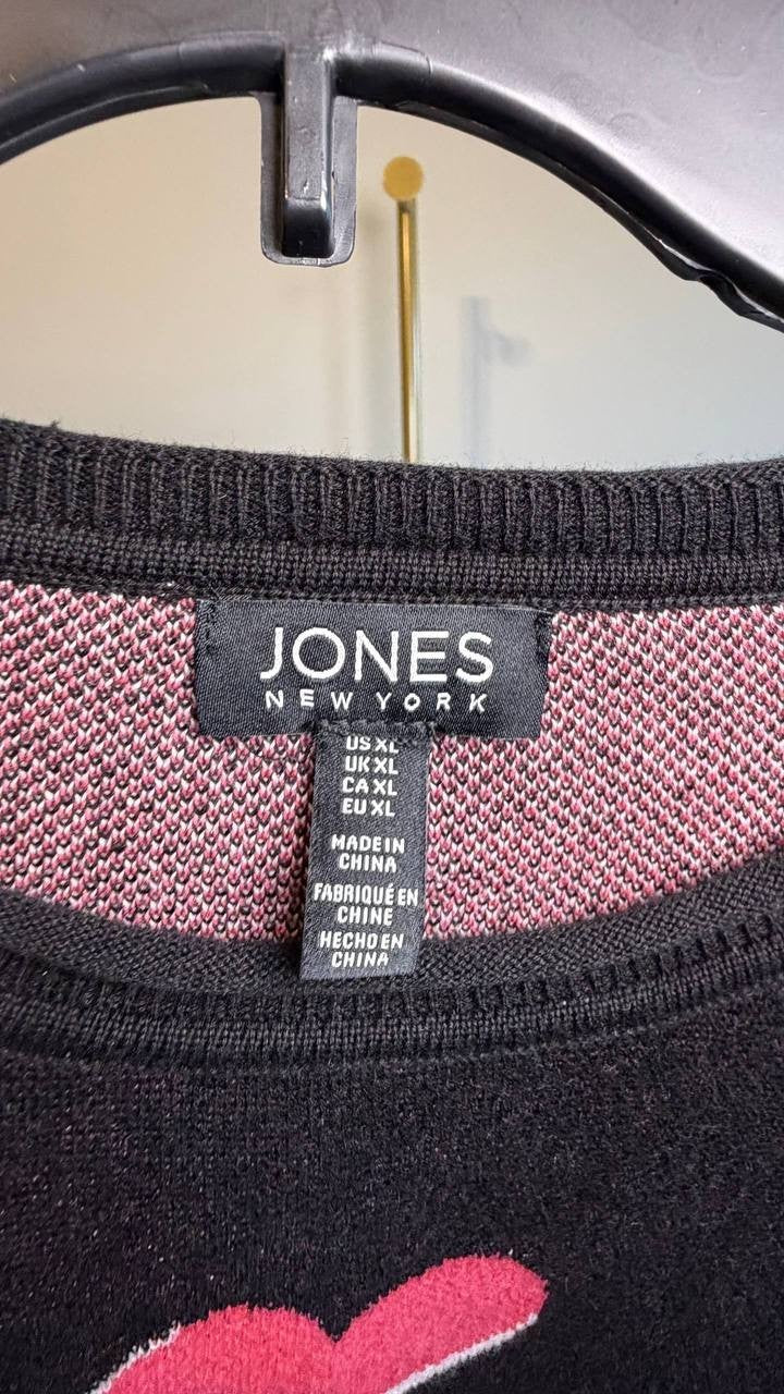 Jones New York Scatter Heart Crewneck Sweater Black Multi XL NWT $99.50