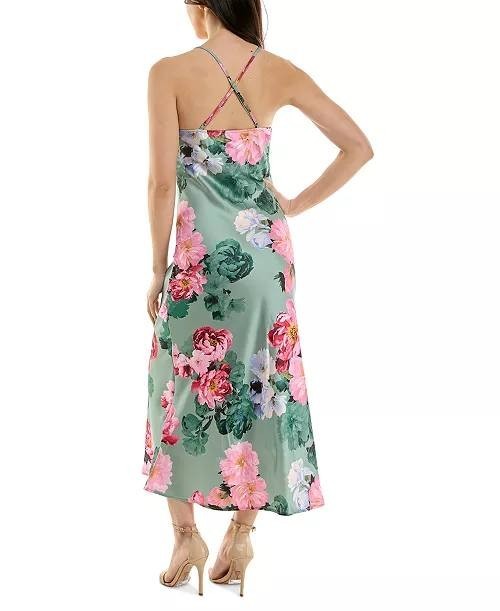 Katia Rae Juniors Floral Satin Twist‑Front Cutout Dress Multicolor M $69 NWT