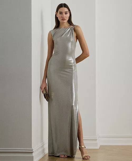 Lauren Ralph Lauren Metallic Jersey Column Gown Silver 8 NWT $265