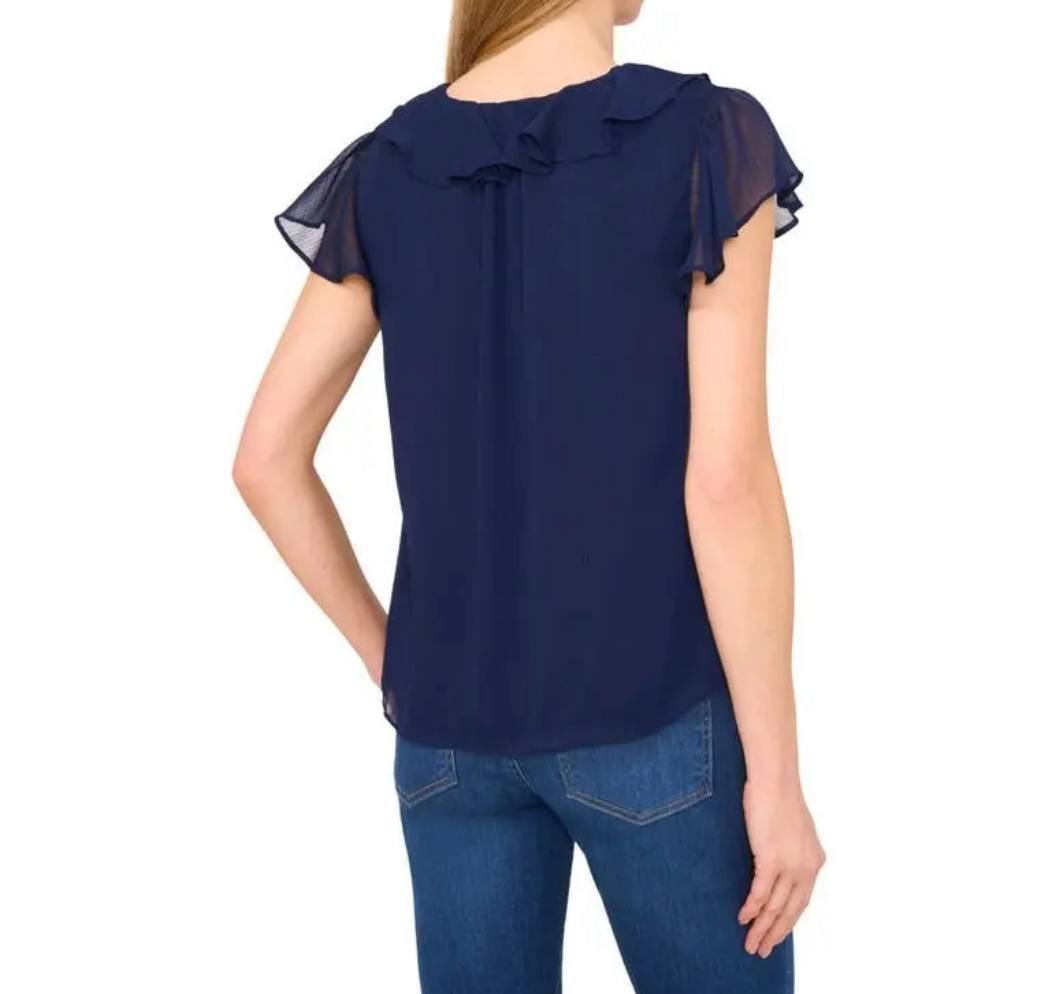 CeCe Dupraz Ruffle Trim Yoryu Top Classic Navy Size S NWT $69 – Chic Blouse