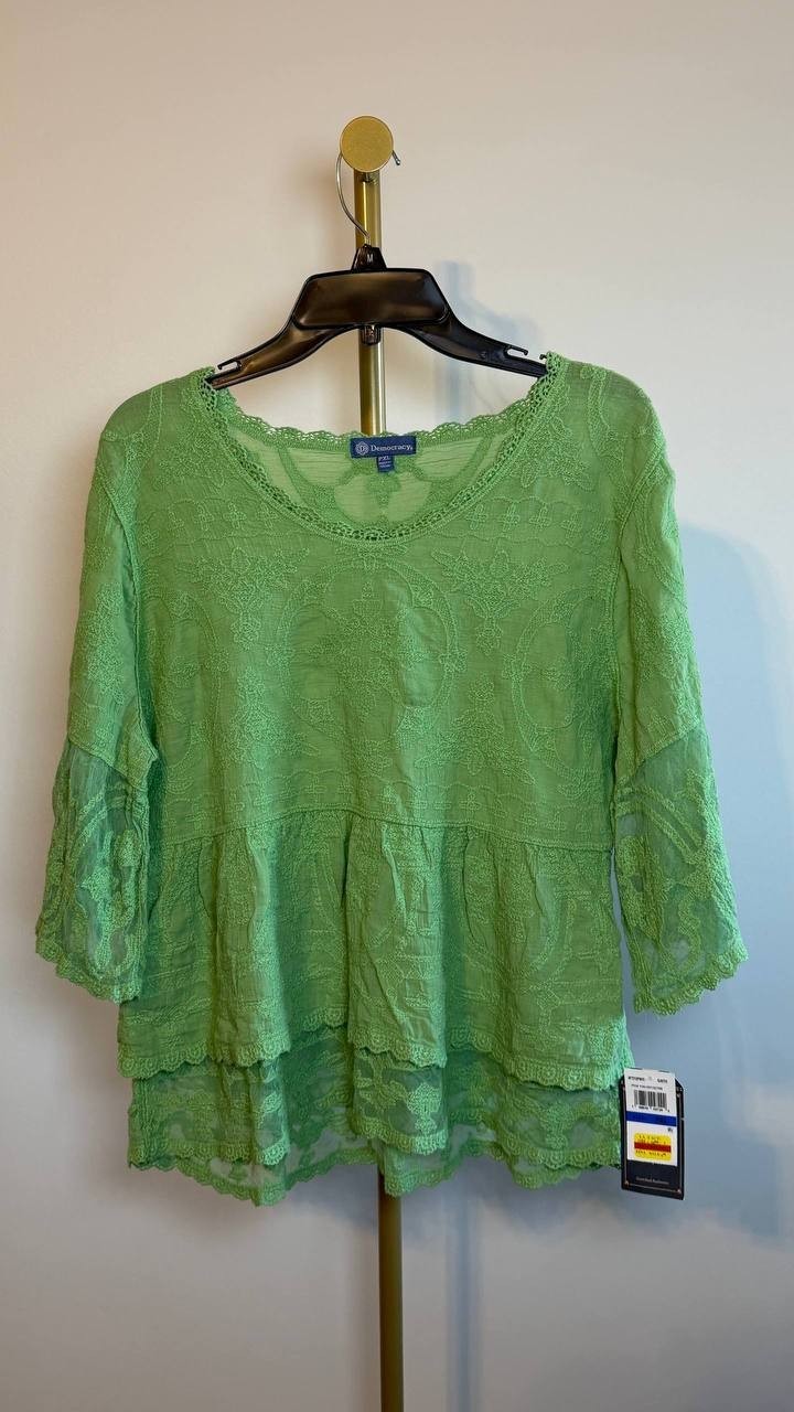 Democracy Petite Lace Double Bell Flounce Top Green PXL NWT $78