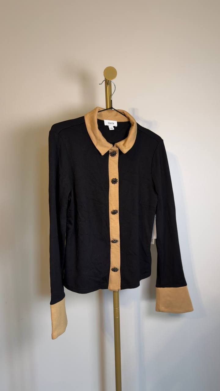 CeCe Crystal Button Knit Button‑Up Shirt Rich Black M NWT $79