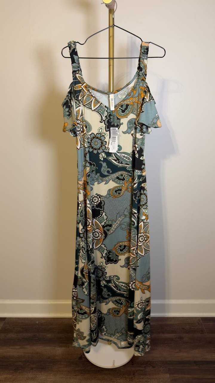 24Seven Comfort Apparel Cold Shoulder Maxi Dress Paisley Print L NWT $73