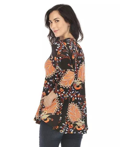 White Mark Vibrant Boho Swing Top V‑Neck Paisley Black L NWT $54