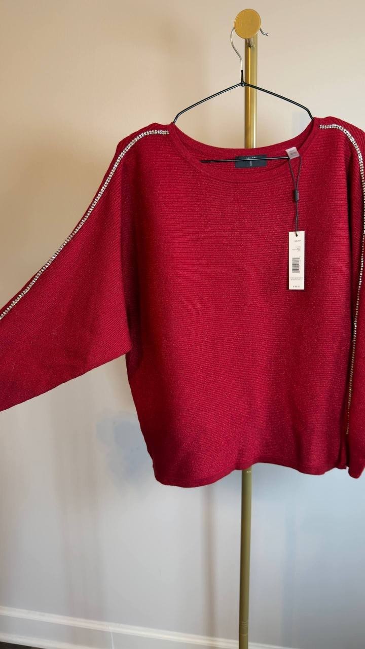 T Tahari Ribbed Embellished Dolman‑Sleeve Sweater Baked Cherry XS NWT $88