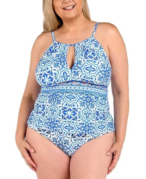 La Blanca Plus Alboran Keyhole Tankini Top & Bottoms Blue 20W NWT $111