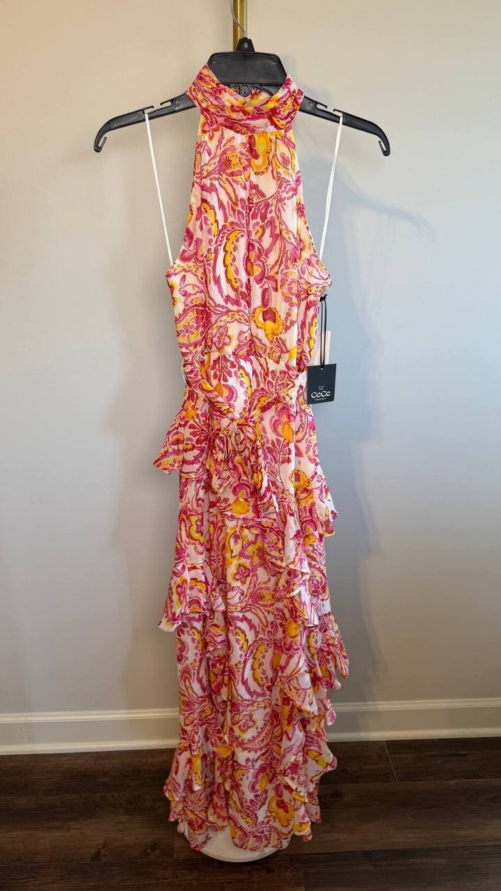 CeCe Printed Sleeveless Tiered‑Ruffle Maxi Dress Magenta 2 NWT $119