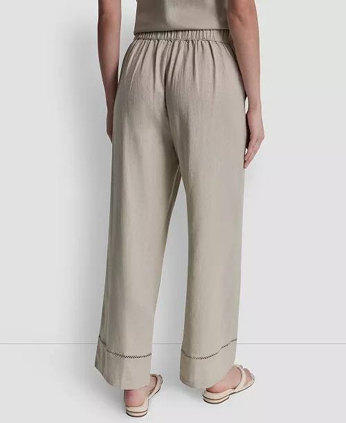 DKNY Jeans Linen‑Blend High‑Rise Pull‑On Wide‑Leg Pants Pebble PXL NWT $89