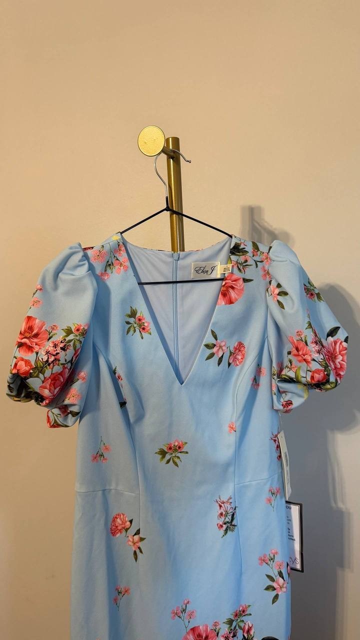 Eliza J Printed V‑Neck Bubble‑Sleeve Sheath Dress Light Blue 6 $138 NWT