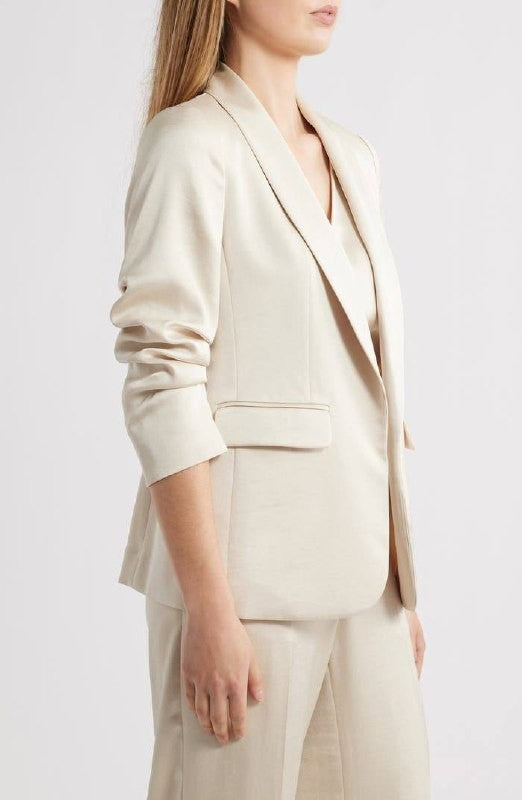 Anne Klein Ruched‑Sleeve Satin Blazer – Light Parchment – Size XL – NWT – $159