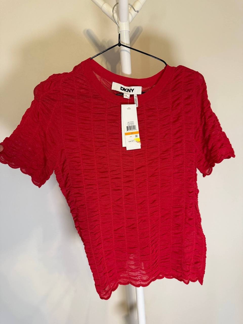 DKNY Ruched Scalloped‑Hem Top – Size S – Red – NWT