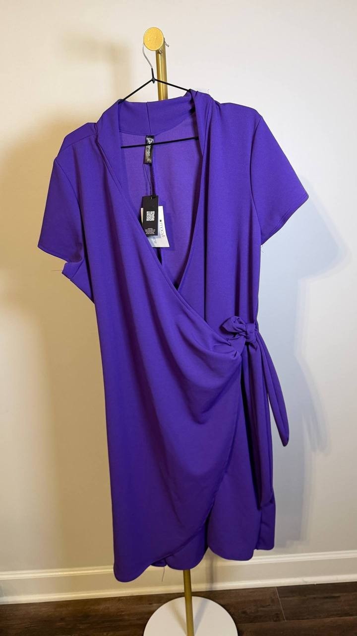 24Seven Comfort Apparel Plus Mandarin Collar Wrap Dress Purple 2X $78 NWT