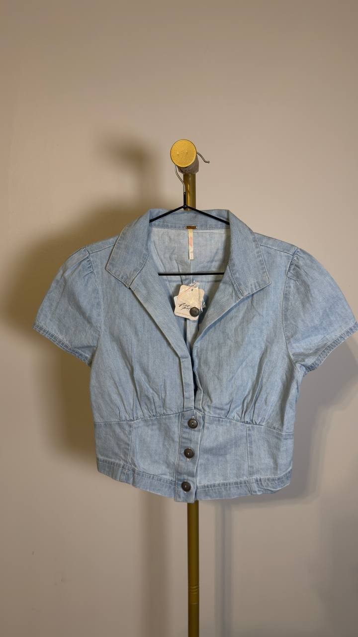 Free People Easy Does It Crop Cotton Button-Up Top Ice Crush S/P NWT $45