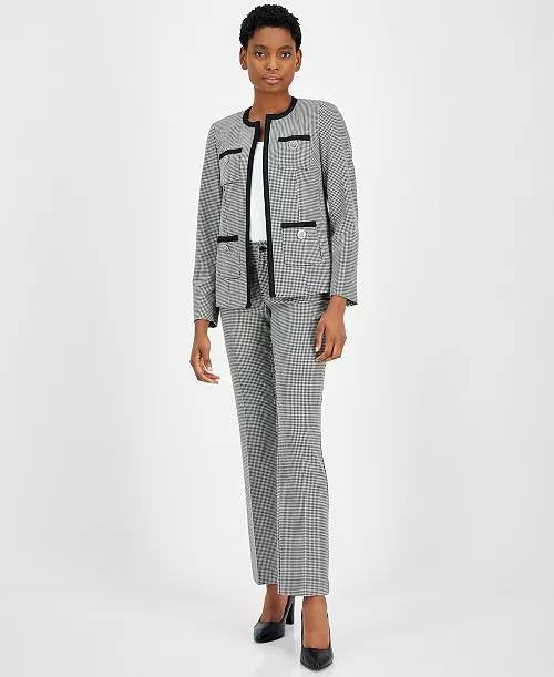 Anne Klein Jacket 8 Black White Houndstooth Collarless Braid Trim Career NWT