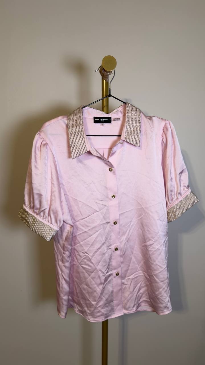Karl Lagerfeld Paris Satin Stud Beaded Sleeve Blouse Soft Pink L NWOT $109