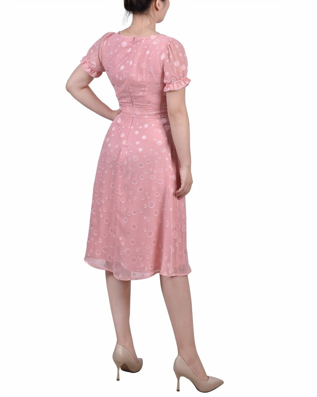 NY Collection Petite Short Sleeve Belted Swiss Dot Dress Mellow Rose PM NWT $41