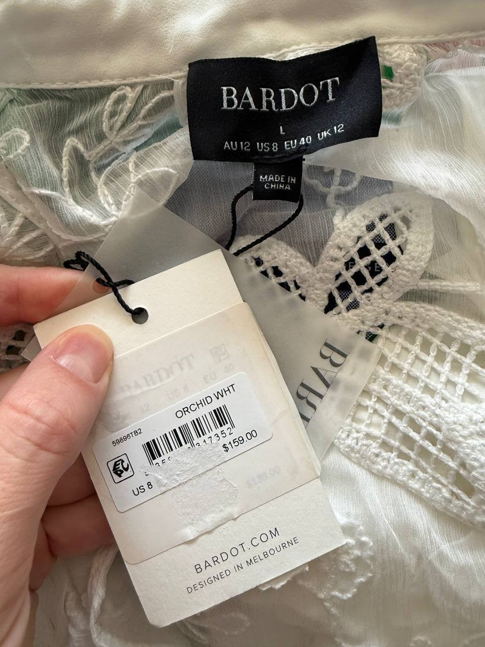 Bardot Frill Embroidered Blouse Crinkled Chiffon Orchid White Size L Top