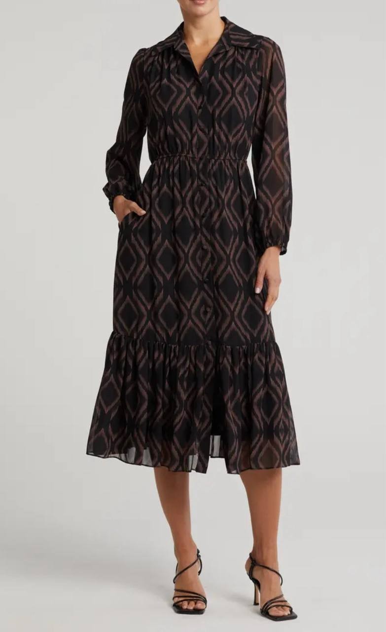 Sandra Darren Tiered Long Sleeve Chiffon Shirtdress Black Size M NWT – Elegant