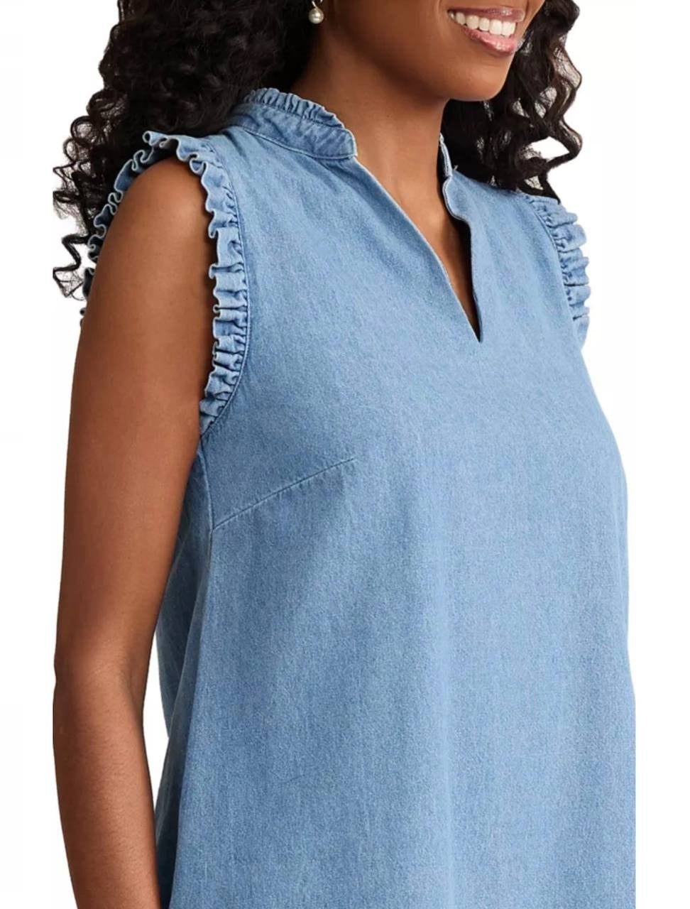 Jones New York Trapeze Chambray Ruffle Dress Pisces Wash PM NWT $99.50