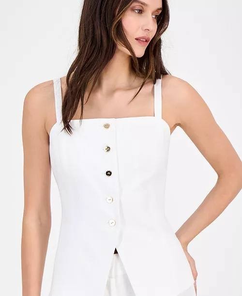 Tahari ASL Women’s Linen‑Blend Button‑Front Tank Vest White 16 $74 NWT