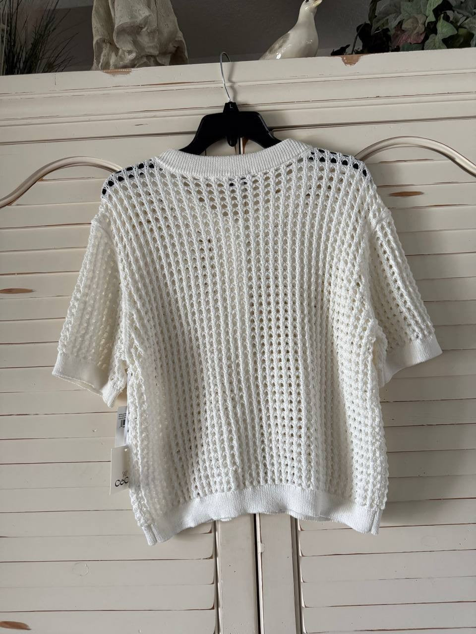 CeCe Texture Mesh Cardigan Open-Knit Short Sleeve Antique White S NWT New