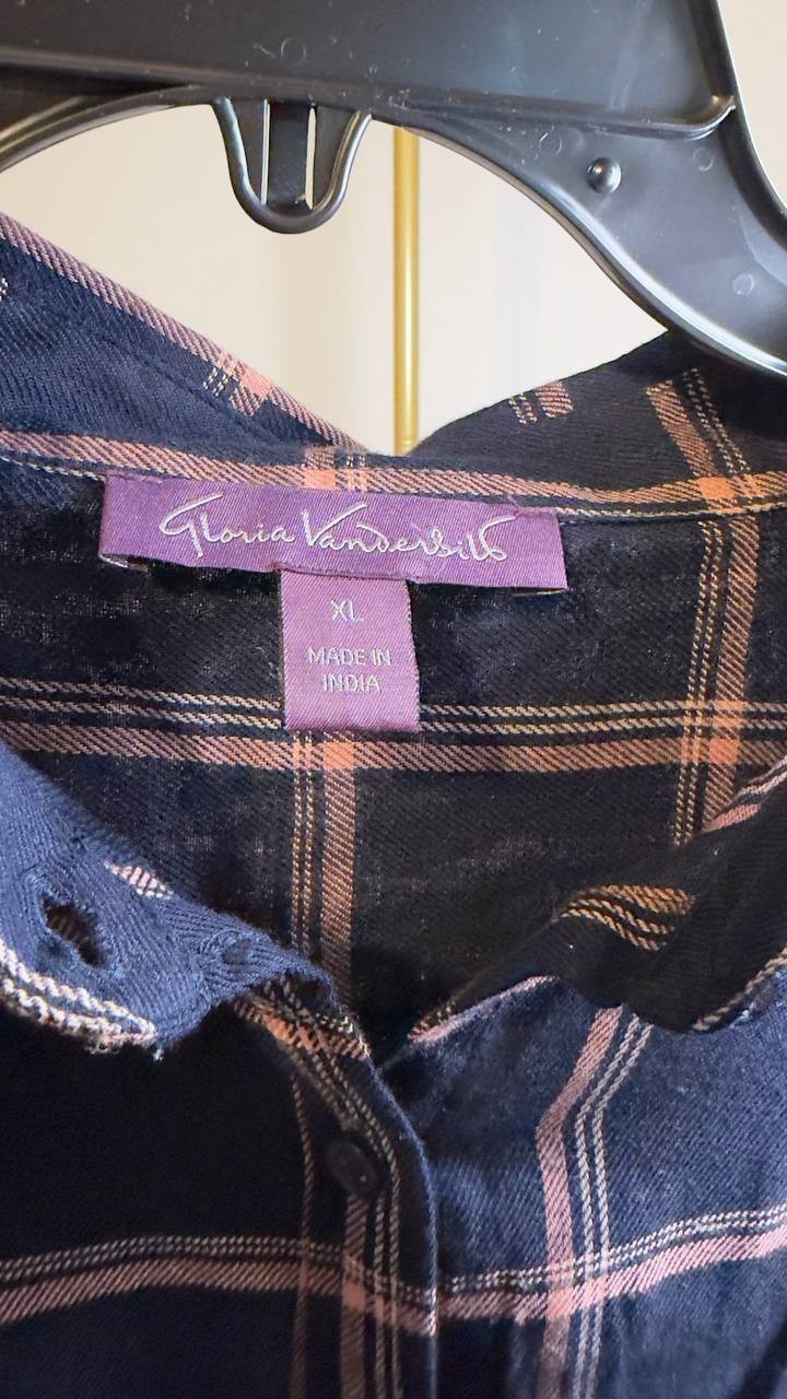 Gloria Vanderbilt Amanda Button‑Down Shirt Midnight Affair Windowpane XL NWT $48