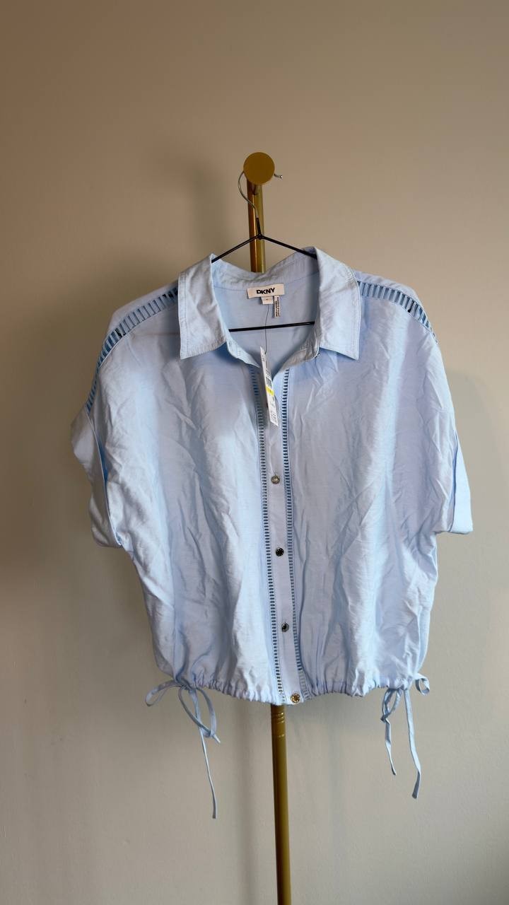 DKNY Ladder Lace Detail Short‑Sleeve Button‑Up Shirt Light Blue M NWT $99