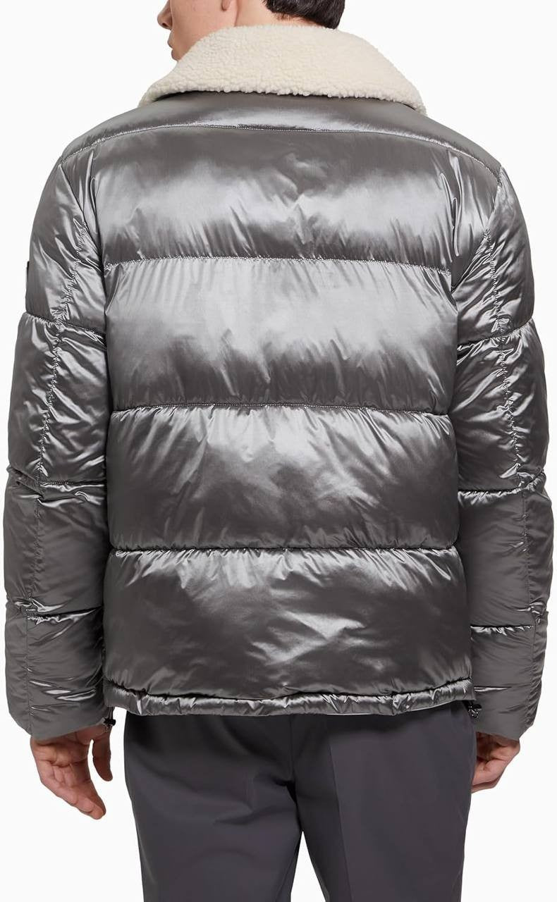 GUESS Men’s Puffer Jacket Sherpa Collar Silver Soiled M NWT $250