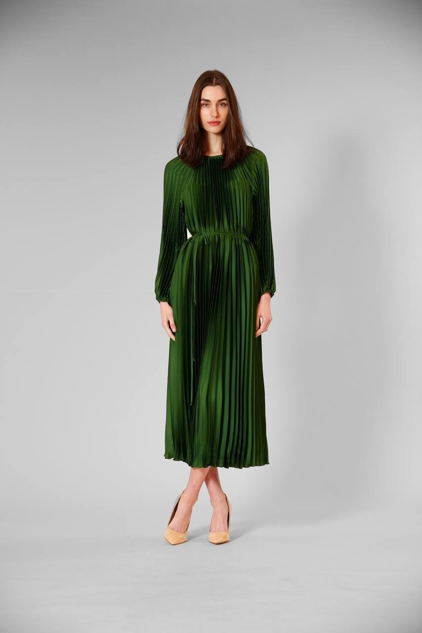 Julia Jordan Pleated Long Sleeve Waist Tie Maxi Dress Green 12 NWT $149