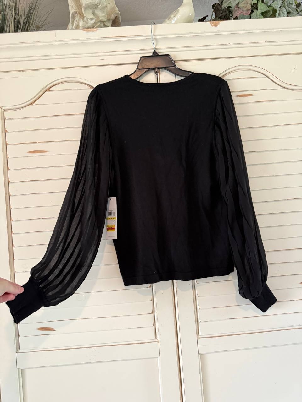 Calvin Klein Pleated Sleeve Top M Black Stretch Blouse Workwear NWT