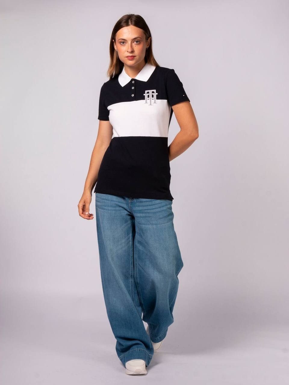 Tommy Hilfiger Monogram TH Logo Polo Stretch Top Black White SizeM NWT need wash