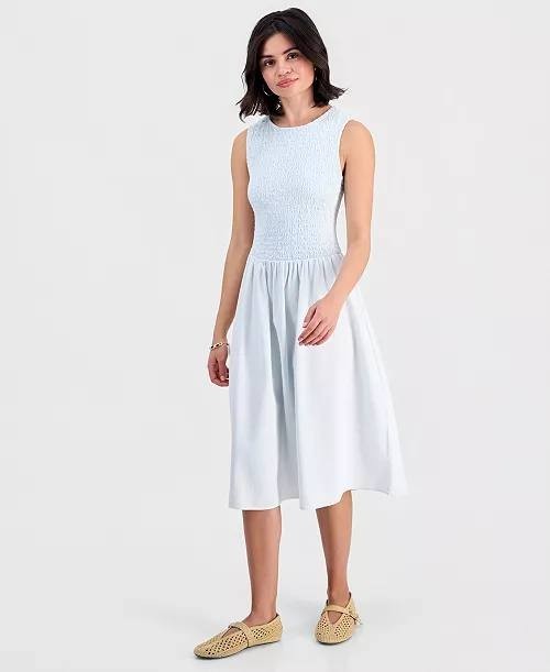 And  Now  This  Petite  Chambray  Smocked  Dress  Bleach  Denim  PM  NWT  $69.50