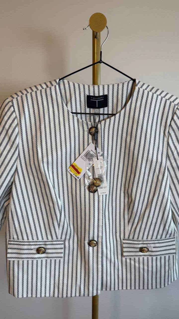 T Tahari Women’s Striped Button Front Cropped Jacket Size 10 NWT $148