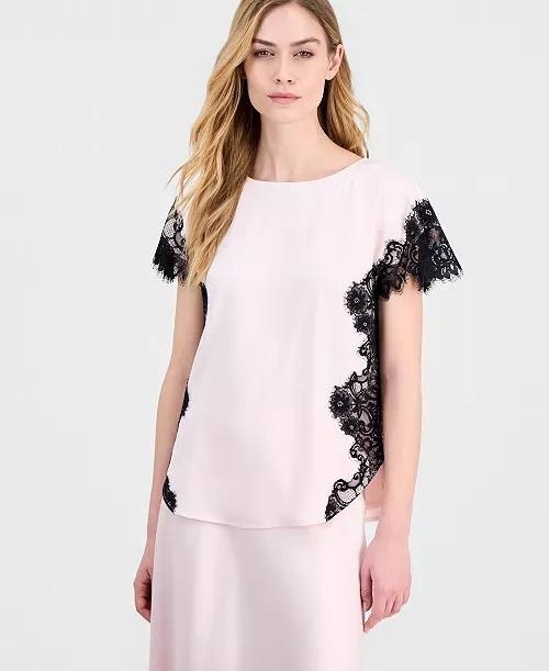 Anne Klein Lace‑Trim Satin Short‑Sleeve Top Soft Blossom L NWT $79