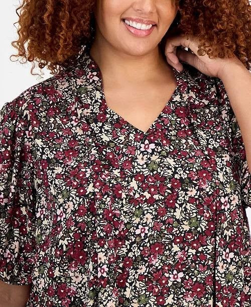 Jones NY Blouse 3X Bordeaux Multi Tie Neck Puff Sleeve Printed Plus Size NWT