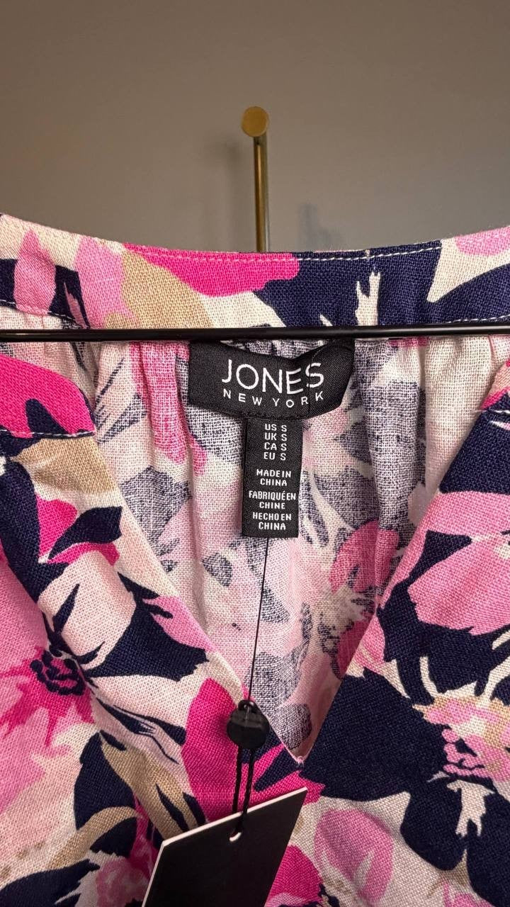 Jones New York V‑Neck Print Tie‑Sleeve Linen Blend Blouse White Multi S NWT