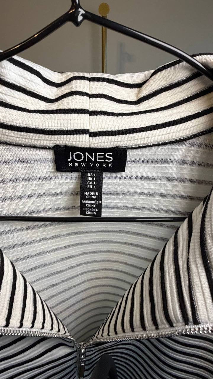Jones New York Petite Metallic Striped Zip‑Neck Top Black/Silver L NWT $89.50
