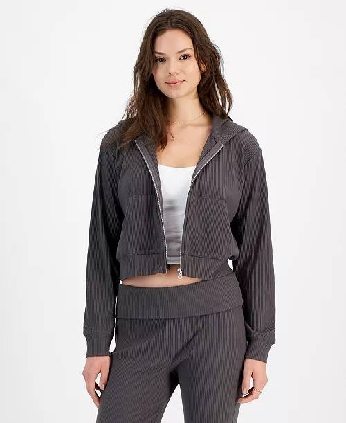 Hippie Rose Ribbed Cropped Zip‑Up Hoodie Granite L NWT $58