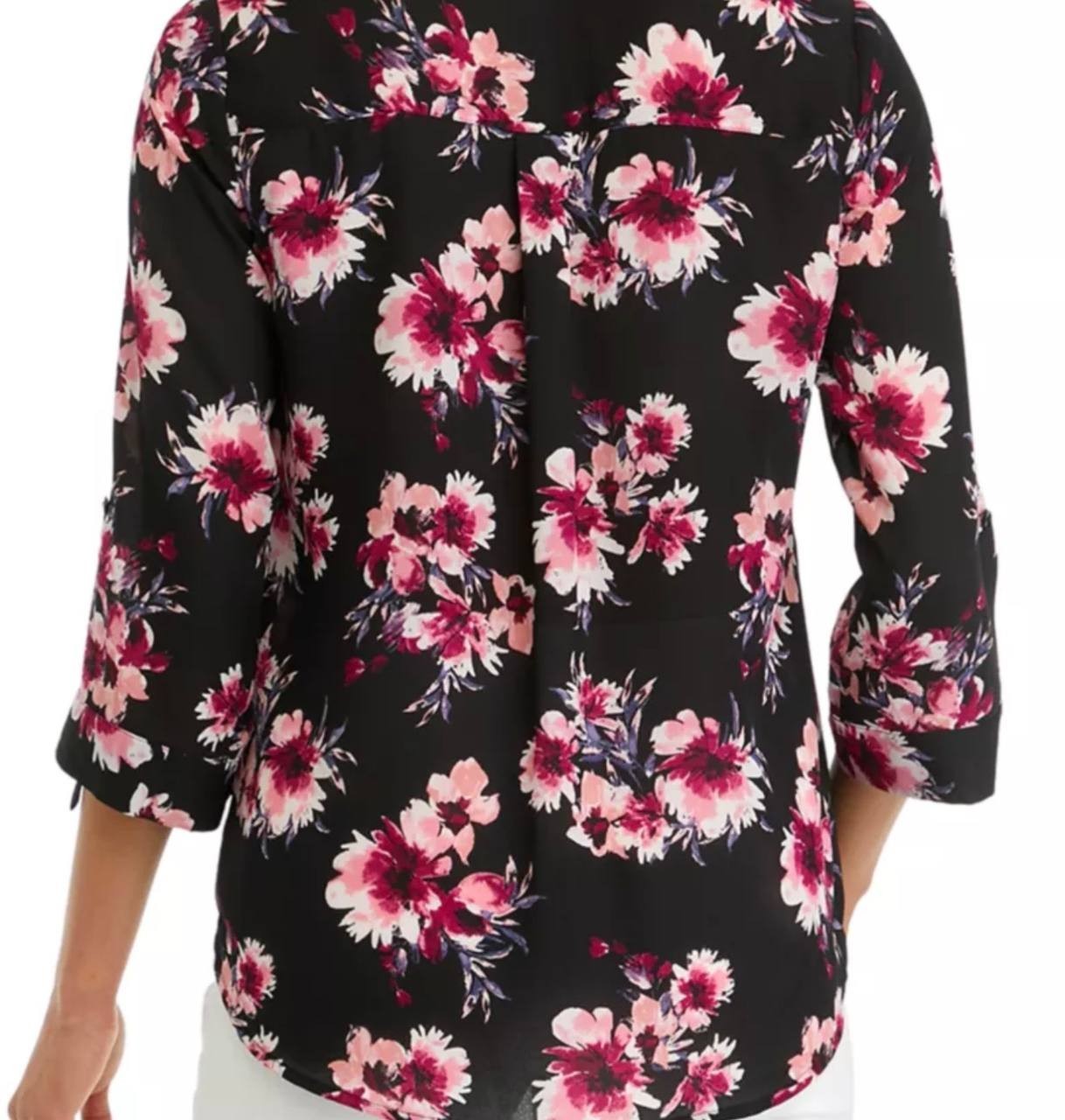 BCX Portofino Woven Top Black Floral Roll‑Tab Sleeves L NWT $79