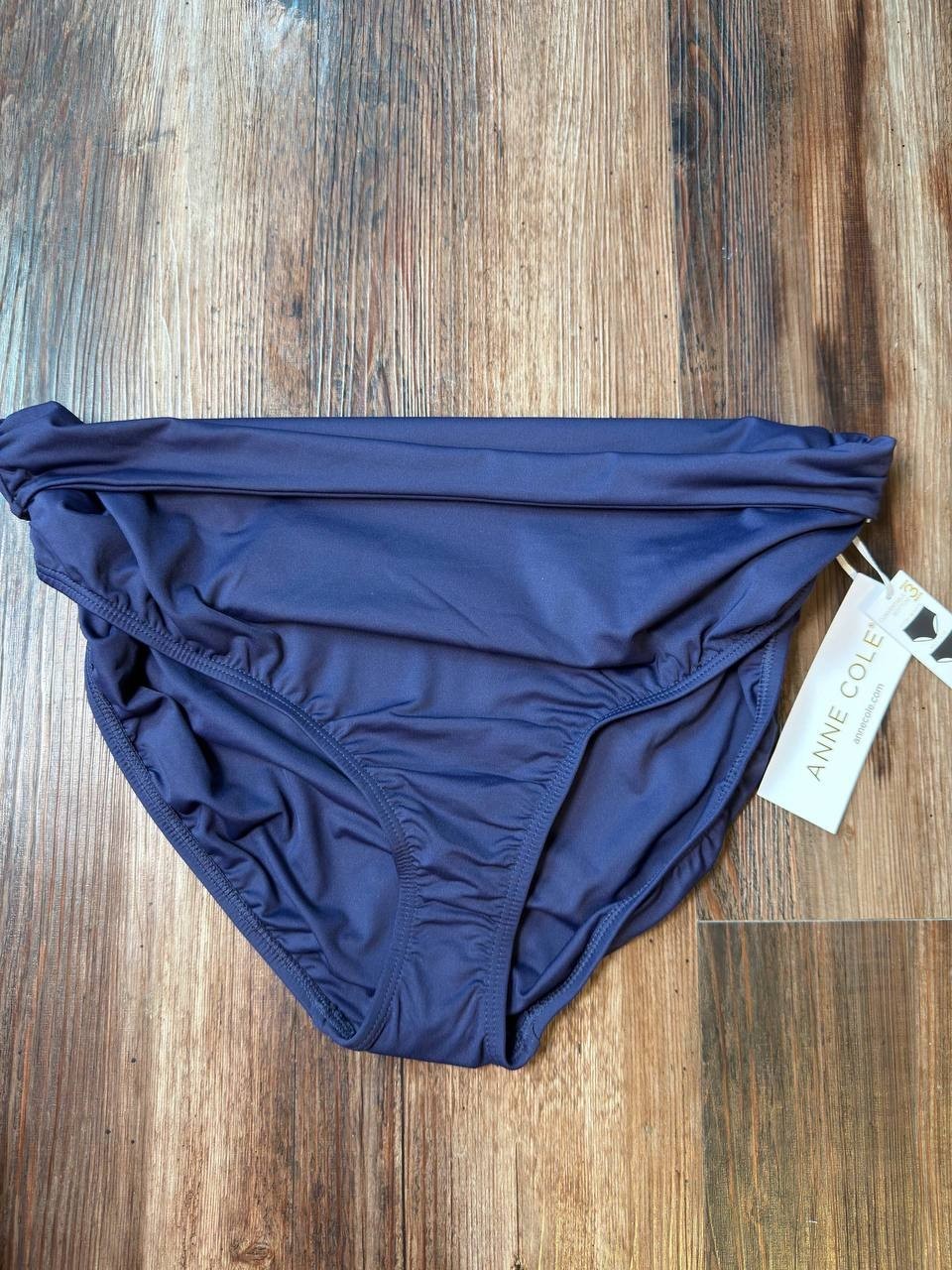 Anne Cole Convertible High Waist Shirred Swim Bottom Navy L NWT $56