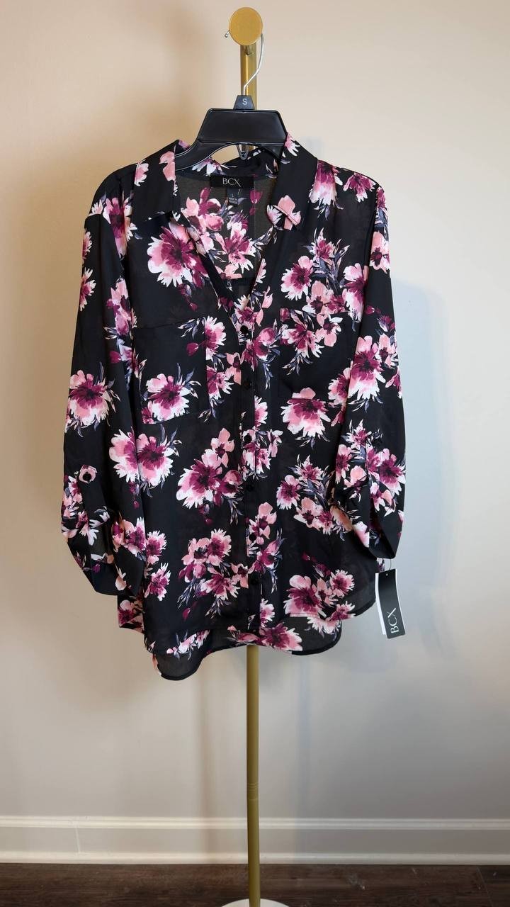 BCX Portofino Woven Top Black Floral Roll‑Tab Sleeves L NWT $79