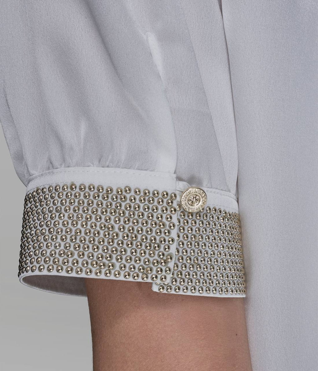 Karl Lagerfeld Paris Beaded Satin Stud Blouse Soft White M NWT $109