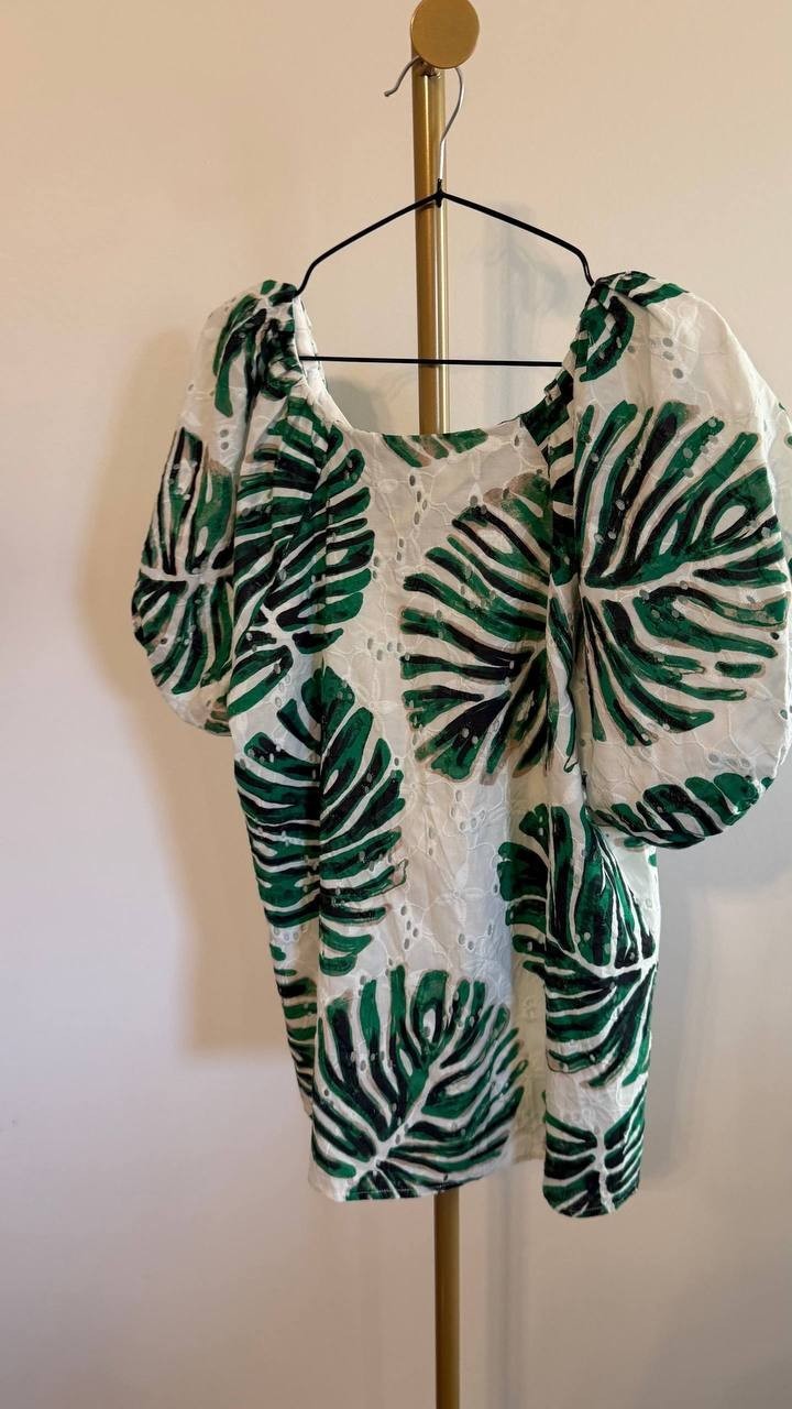 Anne Klein Women’s Eyelet Leaf‑Print Puff Sleeve Top Green M $99 NWT